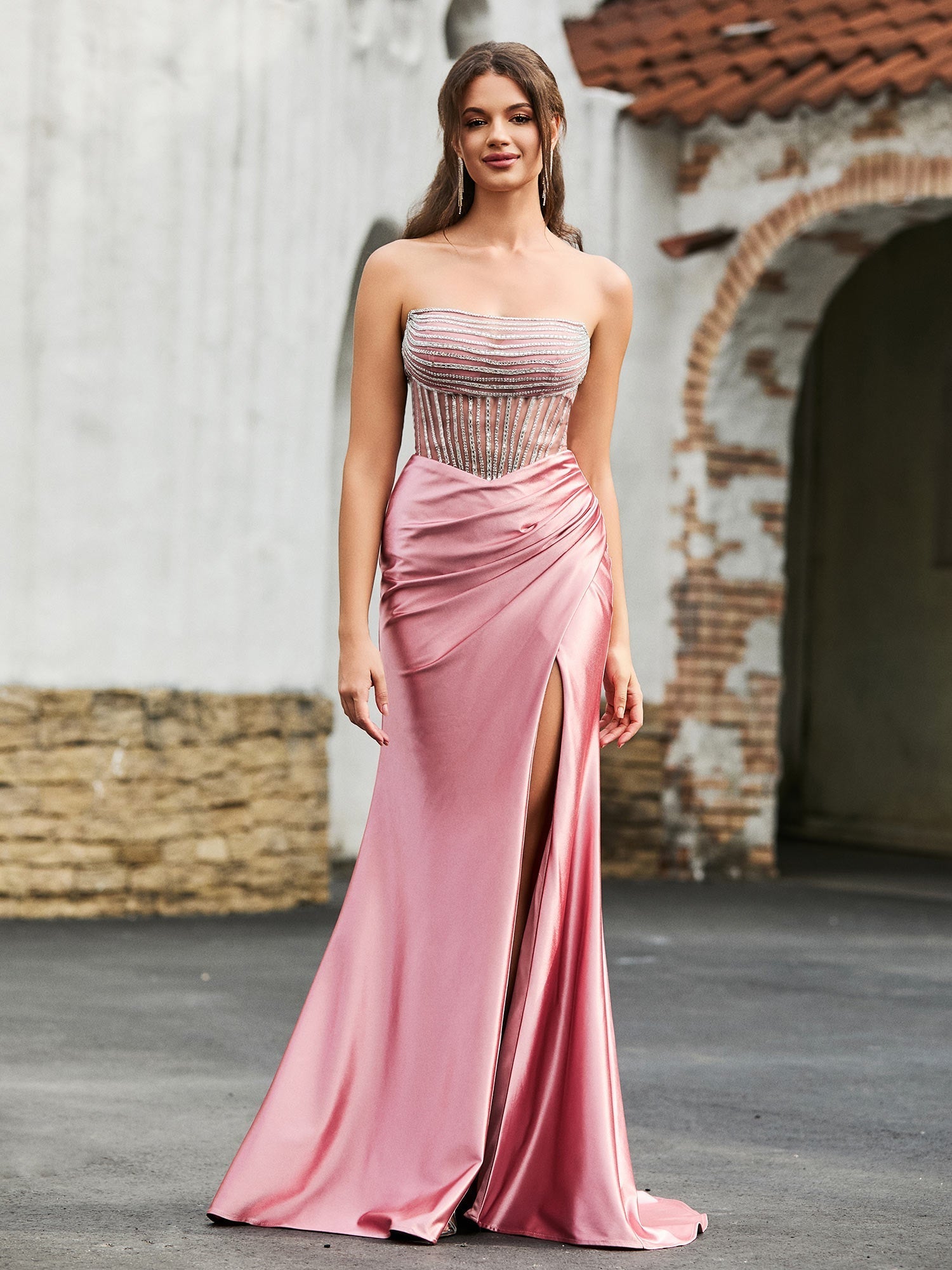 Elegant Diamond Corset Satin Maxi Dress Dusty Blue